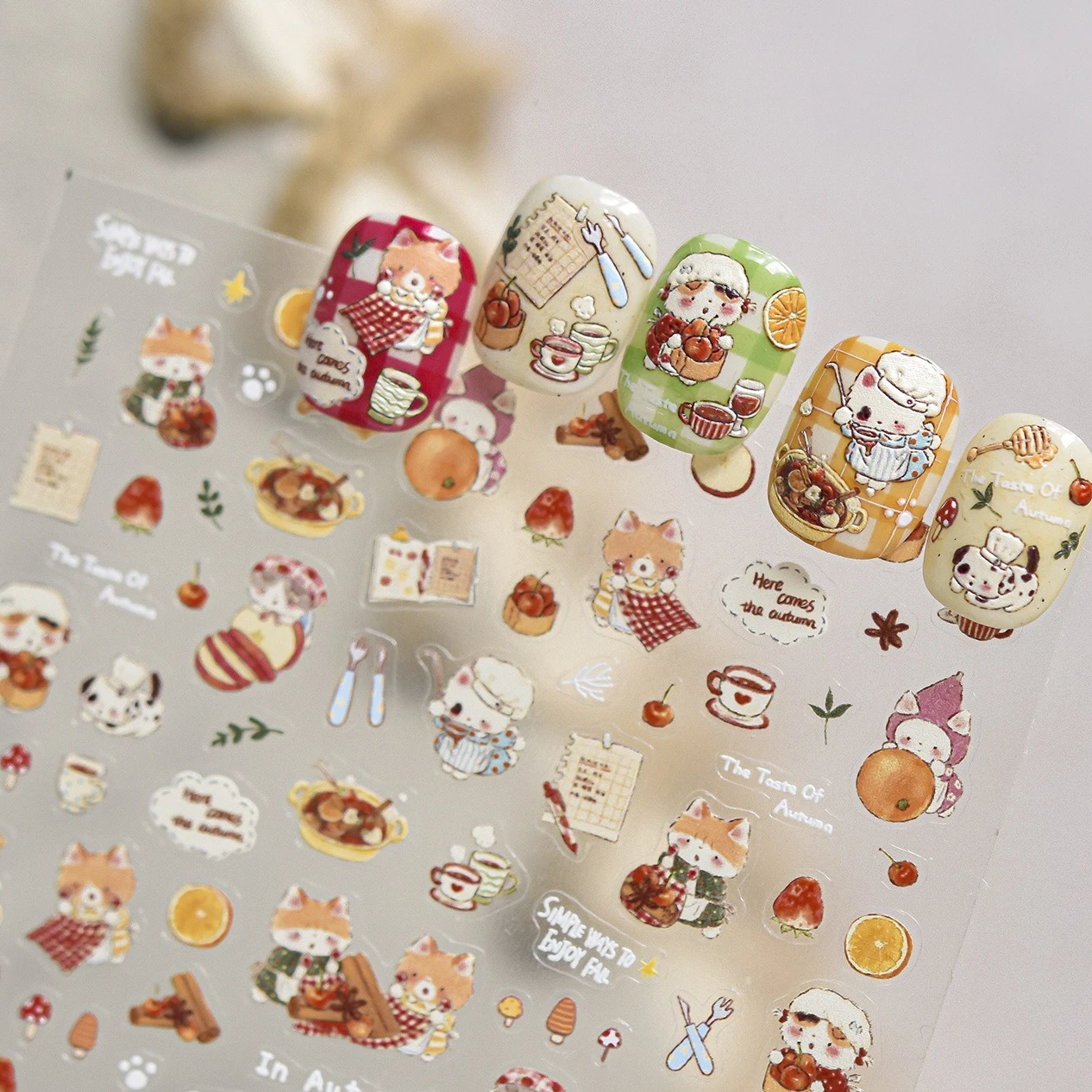 สติ๊กเกอร์ตกแต่งเล็บลายแมวน่ารัก ลูกแมว ไวน์แดงต้ม เห็ด ผลไม้ เชอร์รี่ ฤดูใบไม้ร่วง ทำอาหาร สุนัข DIY สำหรับตกแต่งเล็บ
