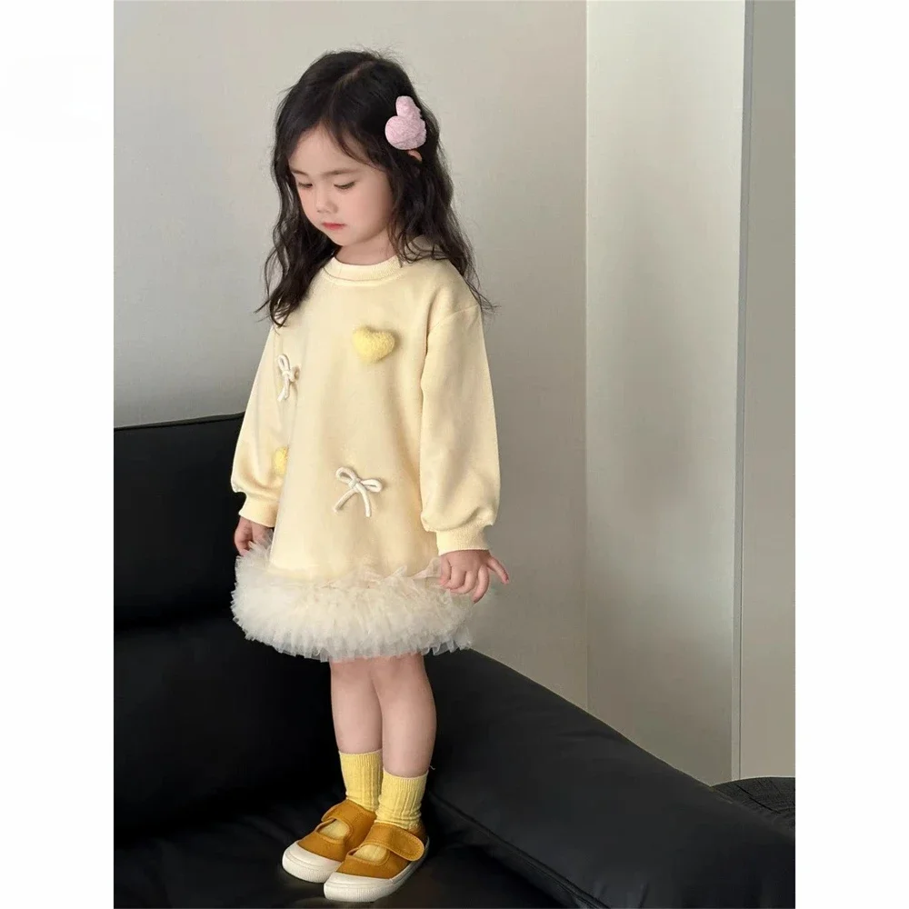 2025 Autumn Princess Girls Dresses Sweet Cute Yellow Love Kids Dress Long Sleeved Patchwork Korean Version Children's Clothing