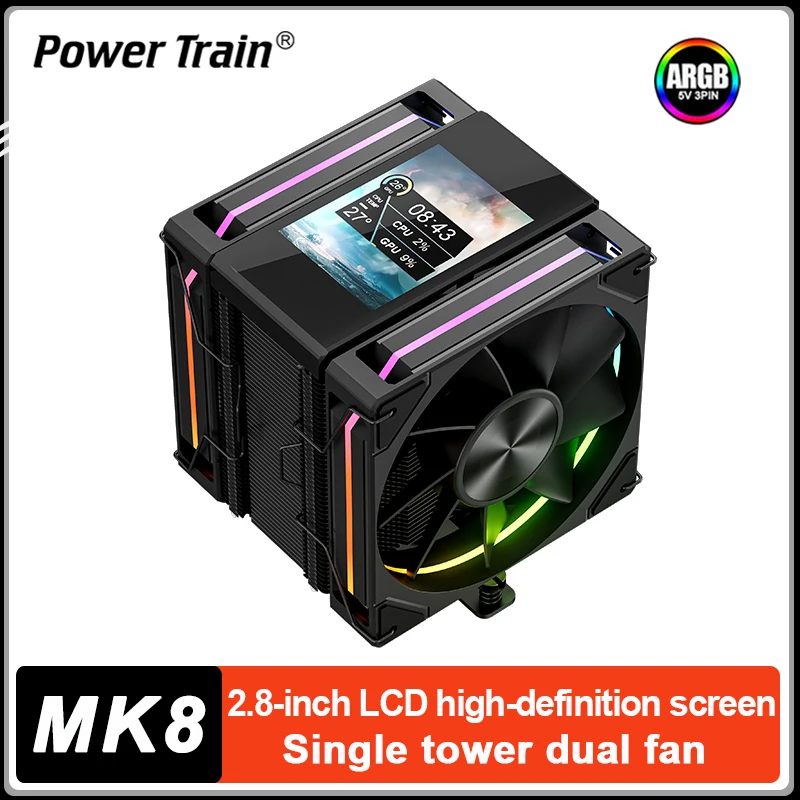 

Power Train X-GAMERX MK8 Tower CPU Cooler LCD Screen Dual Fan 6 Heat pipes Air-cooled radiator For LGA1700 115X 1200 AM4 AM5