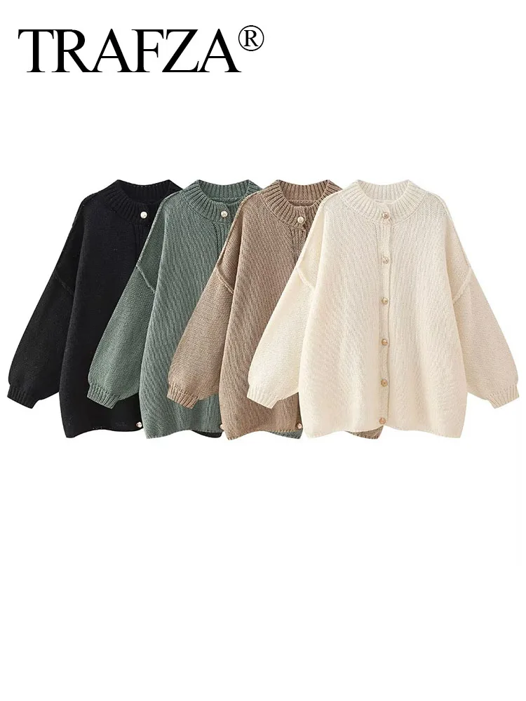 TRAFZA 2024 Woman Long Sleeves Single Breasted Solid Color Slim Casual Loose Cardigan Top Women Autumn Knitted Sweater Mujer