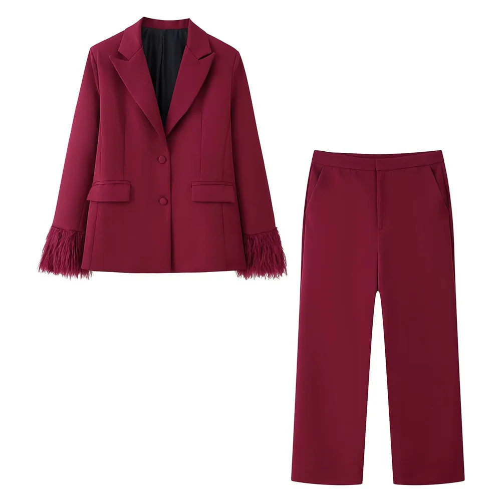 ملابس الخريف النسائية الأوروبية والأمريكية موضة جديدة حافة ريشة سليم صالح سترة عالية مخصر السراويل مجموعة #1