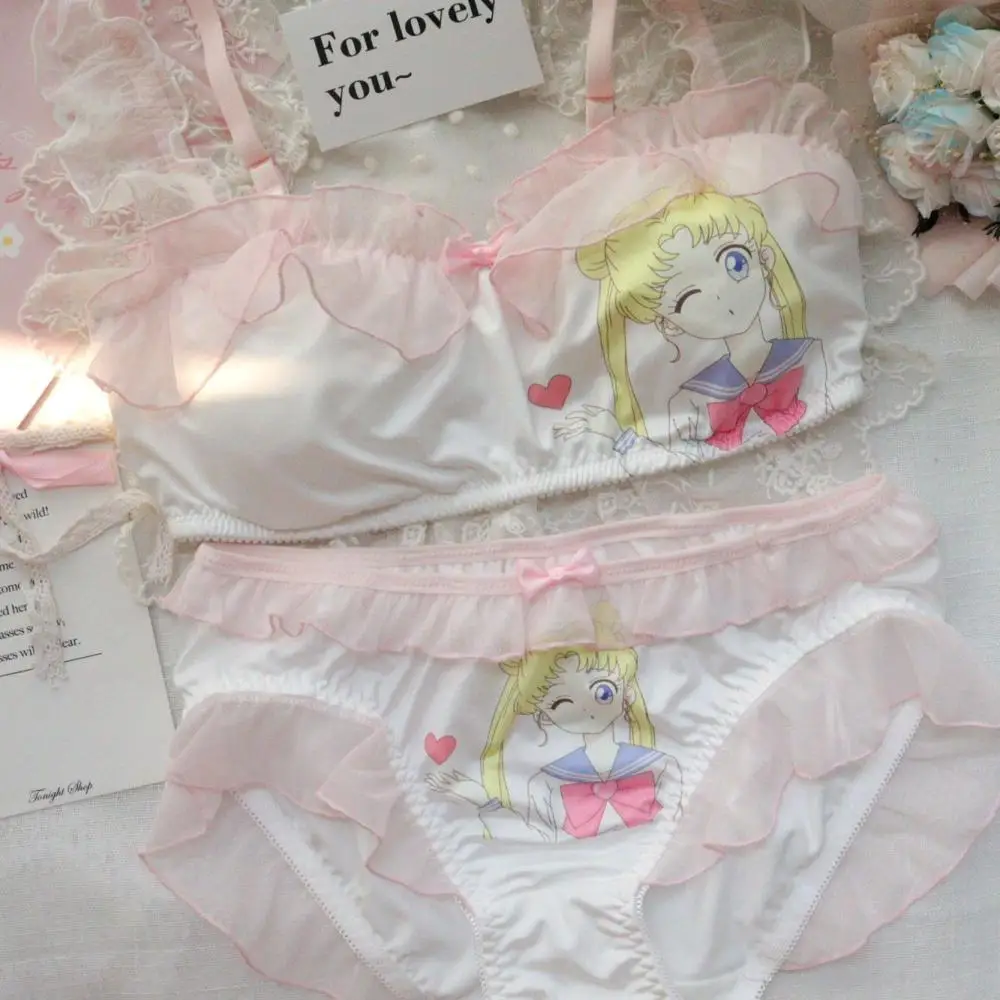 Anime Sailor Moon Girls Underwear Cute Sweet Bra Set Japanese Women Lingerie Set Small Chest Thin Bra Without Underwire Comfort