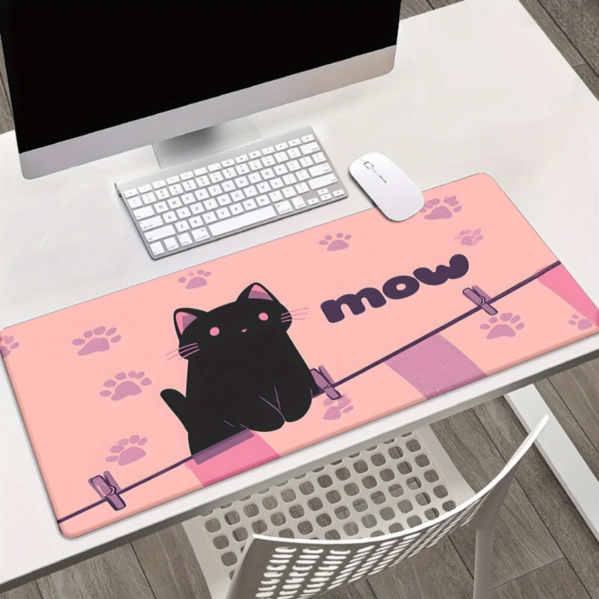 

XXL extra-large game office mouse pad, cute black cat, pink paw print, anti-slip rubber, suitable for cat lovers and players