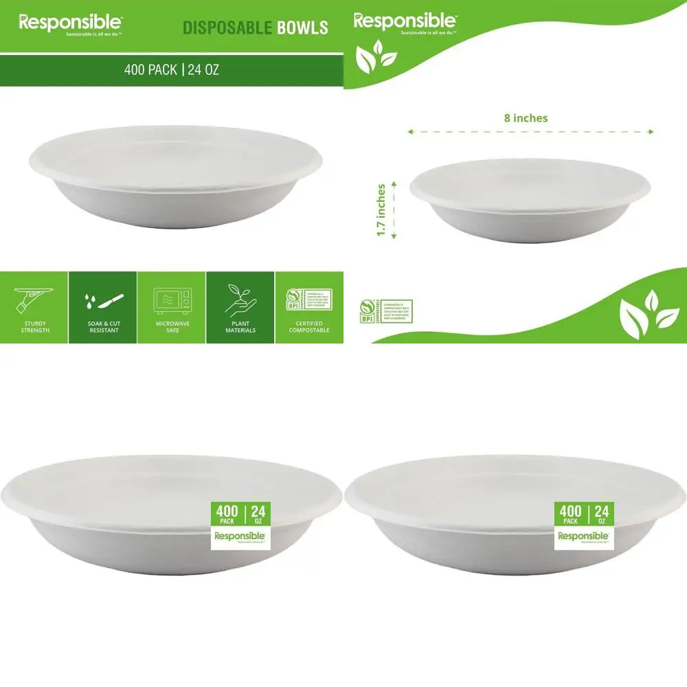 Tazones de papel desechables ecológicos de 24 oz, paquete de 400, resistentes para sopa caliente y postres, hechos con fibras de caña de azúcar y bambú