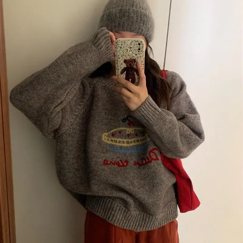 Suéter de niña Otoño Invierno dulce nuevo perezoso mantener caliente pulóver lindo bordado Tops suelto minimalista suave y pegajoso prendas de punto