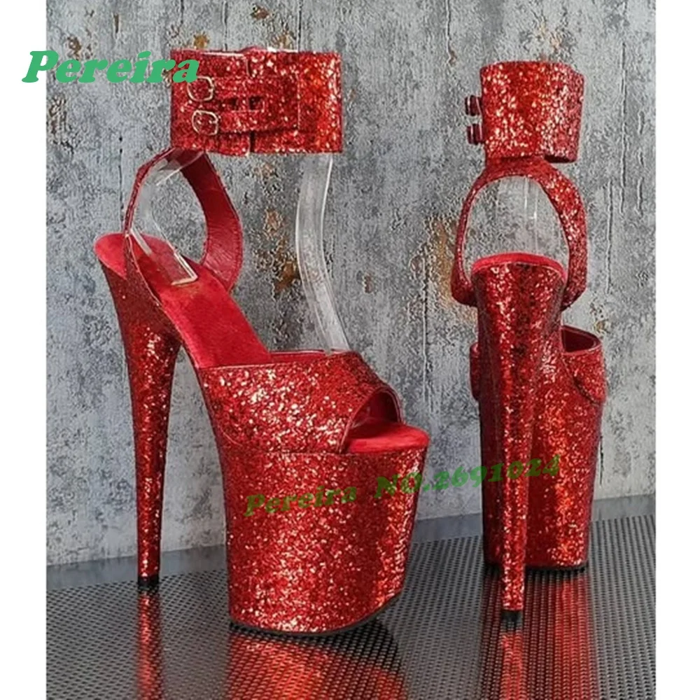 Red Bling Platform Pole Dance Sandals 20Cm Ankle Buckled Super High Heels Women's Sandals Peep Toe Sexy Nightclub Shoes Luxury