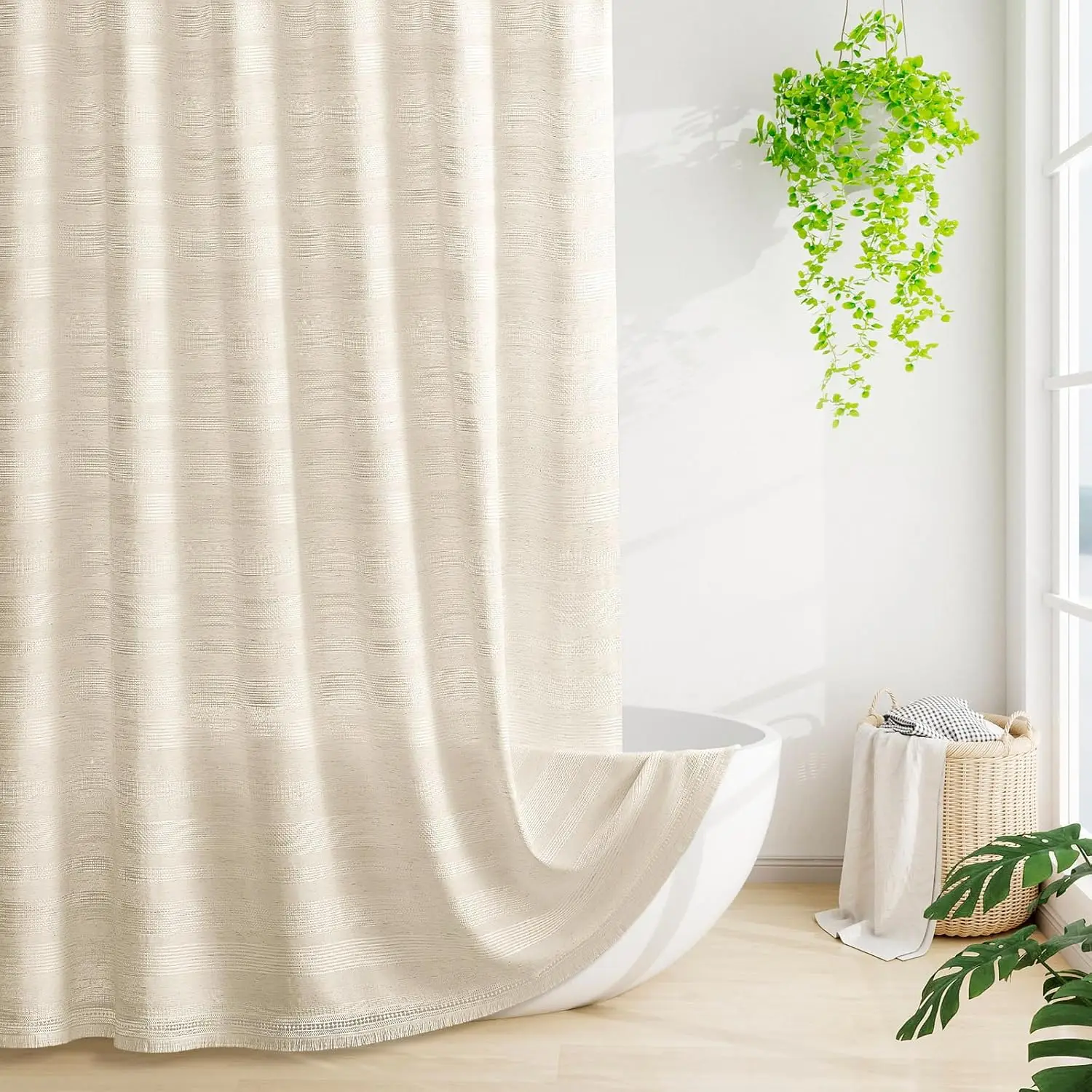 

Boho Farmhouse Shower Curtain Set with Tassel, Linen Bohemian French Country Chic Bathroom Decor