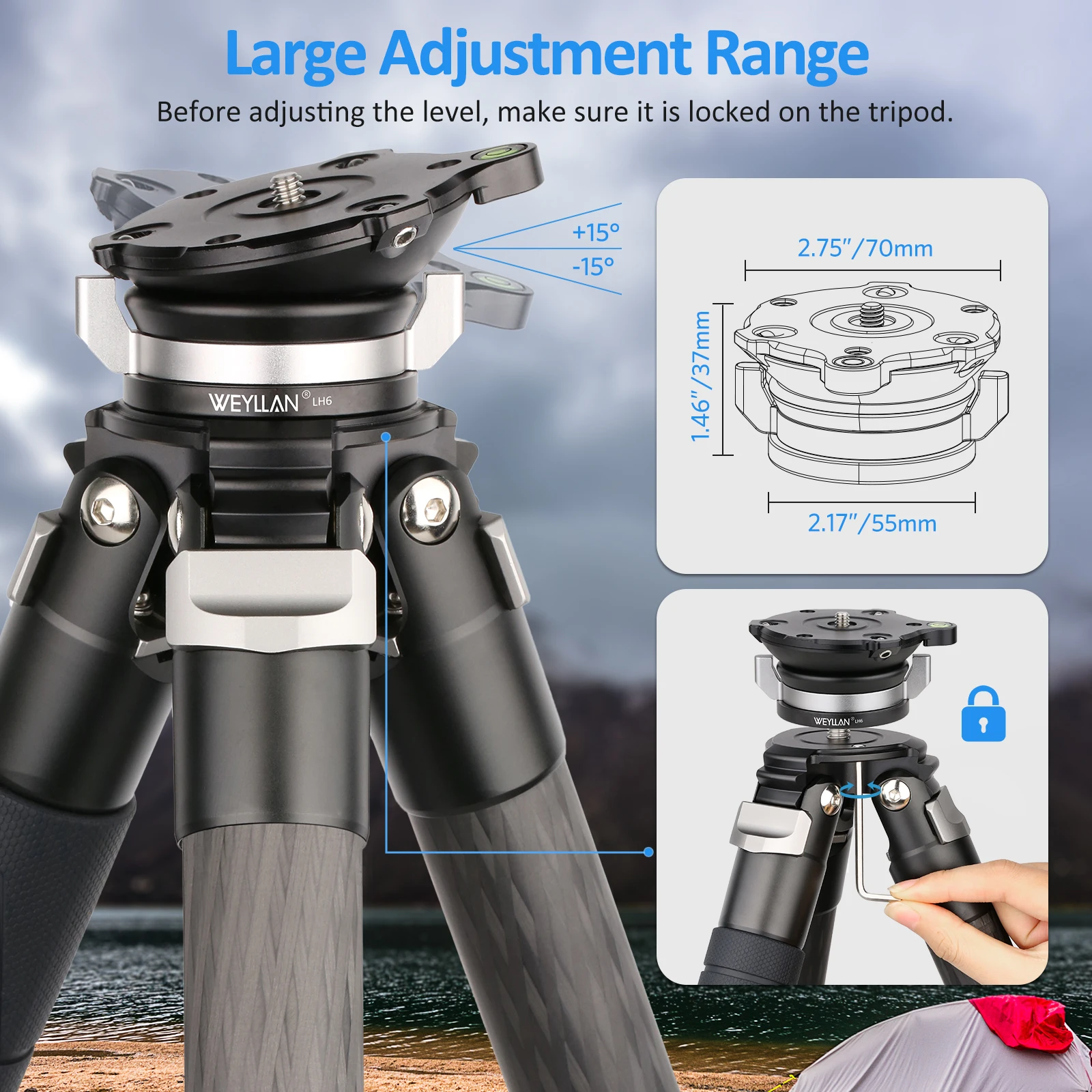 WEYLLAN LH5/LH6/LH7 Stativ-Nivellierbasis Kamera-Nivellierer Aluminiumlegierung Kopf 10/15/20kg Traglast 14 ° /15 ° 360-Grad-Neigung ° Pan-Adapter-Schraube – Detail 11