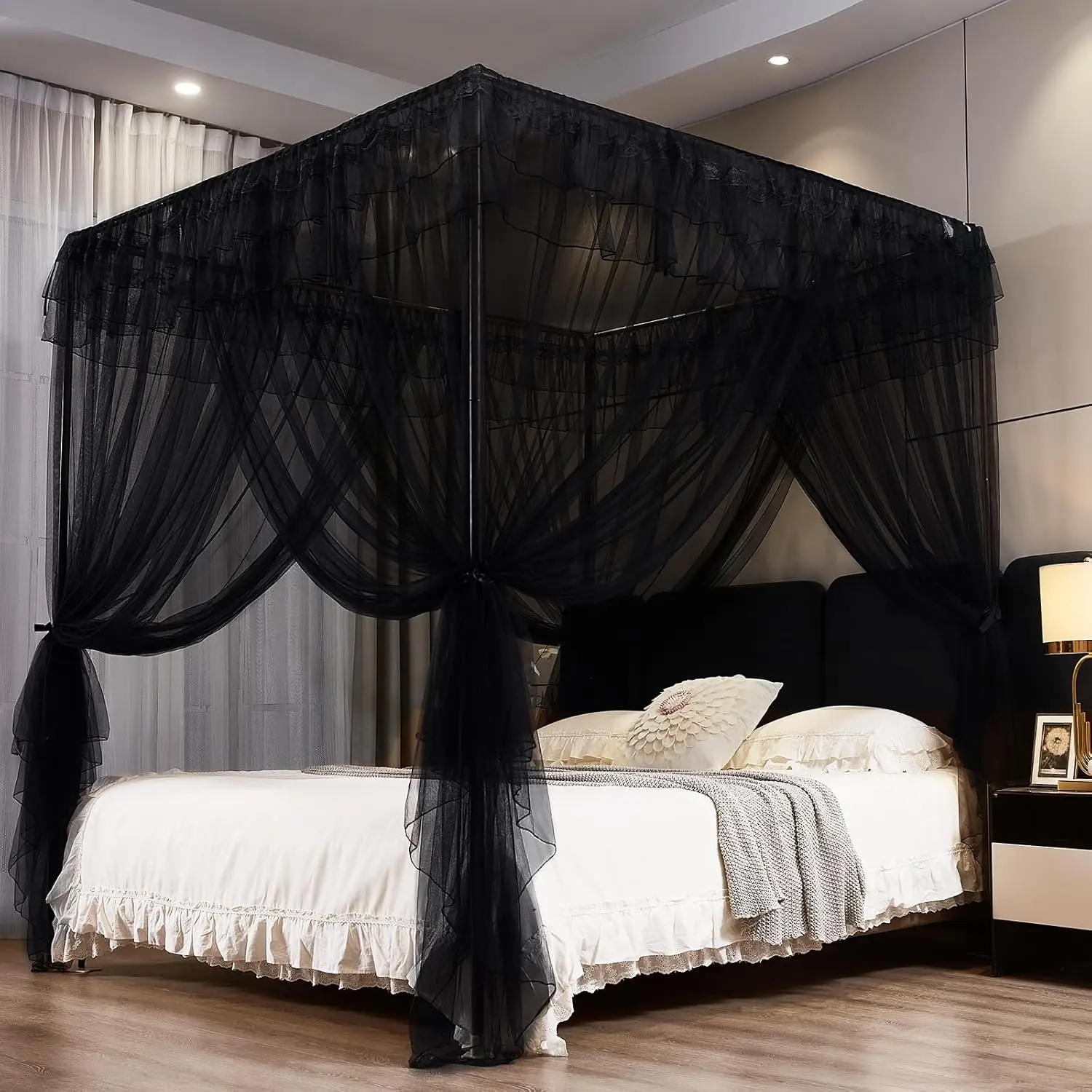 

Queen King Bed Canopy Curtains with Mosquito Net, Soft Breathable Fabric for Girls and Adults, 86" W x 78" L x 82" H