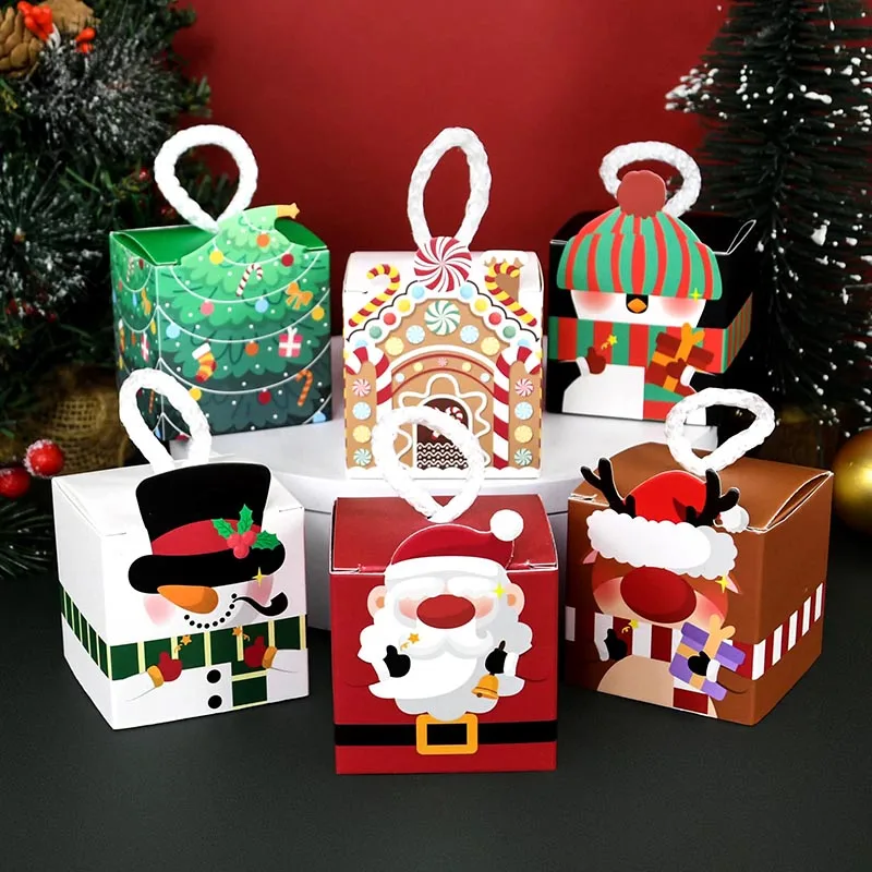 8 Stück Weihnachts-Leckerli-Boxen mit Griffen mit Weihnachtsmann-/Schneemann-/Weihnachtsbaumdrucken für Weihnachtsfeiern, Verpackung, Geschenk