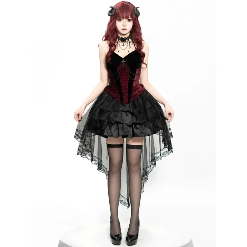 Adult Women Gothic Victorian Cosplay Costume Women Black Burgundy Lace Tiered Skirt Devil Witch Halloween Theme Party Outfit