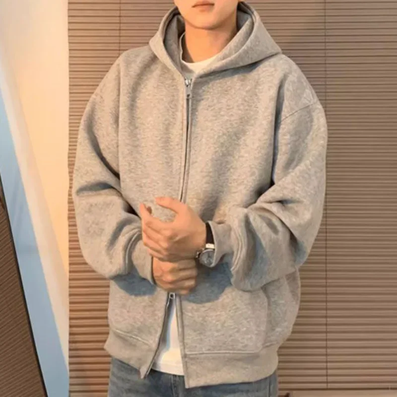 Cotton Solid Color Hooded Sweatshirt Autumn American Double Zipper Cardigan Gray Men\'s and Women\'s Loose Simple Daily Hoodies