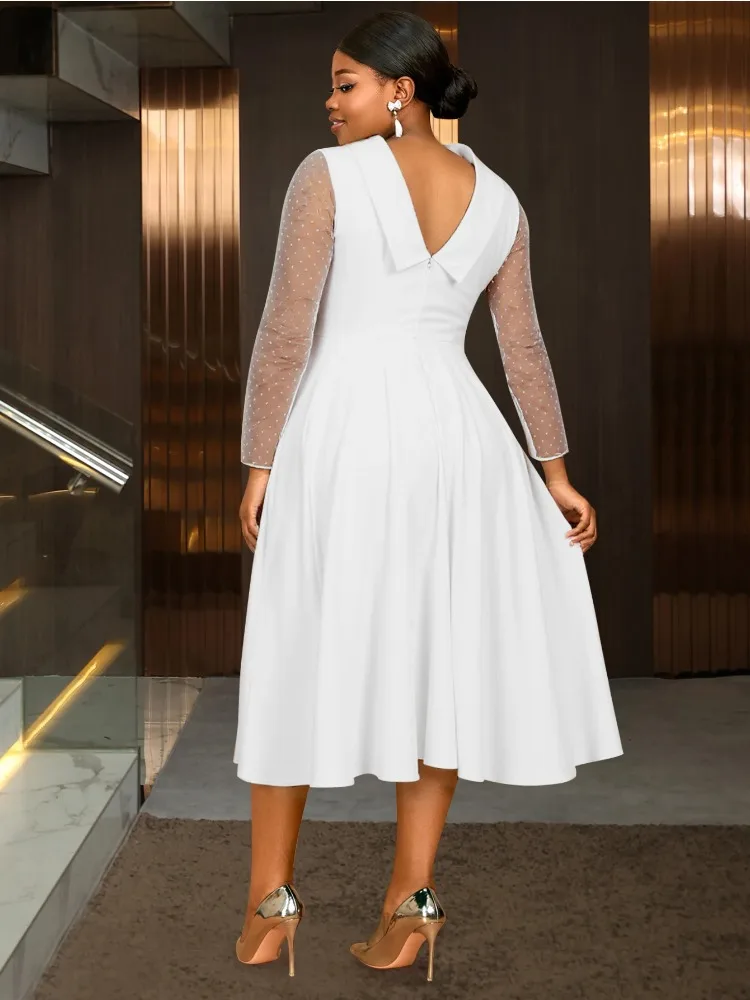 

Elegant White Women's Dress Sheer Polka Dot Sleeves Bow Neckline Bridal Showers Church Formal Events