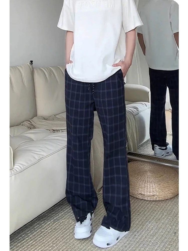 

Американские ретро-брюки в клетку для мужчин, летние свободные брюки прямого кроя с микро-клешем, повседневные, дышащие, удобные, модные