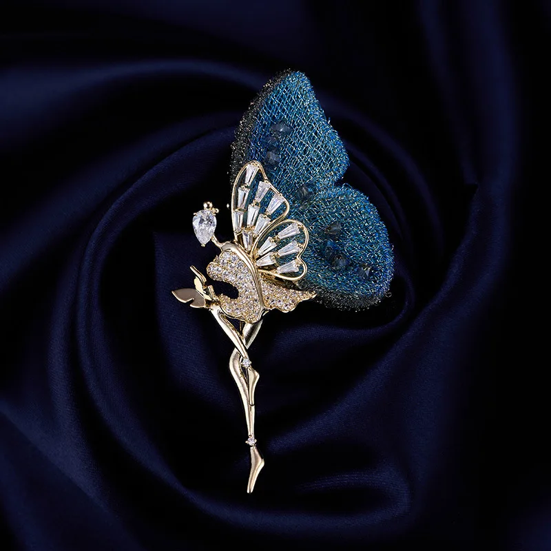 Chinese Style Exquisite Embroidered Blue Butterfly Wing Fairy Brooch Luxury Shiny Zircon Lucky Blessing Lapel Pin Gift For Women