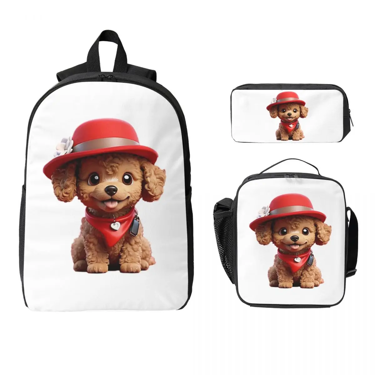 Cute Smiling Cartoon Toy Poodle Dog V2 Backpack BookBag School Bag Computer Shoulder Bags 3ps Insulated Lunch Bag Pencil Case