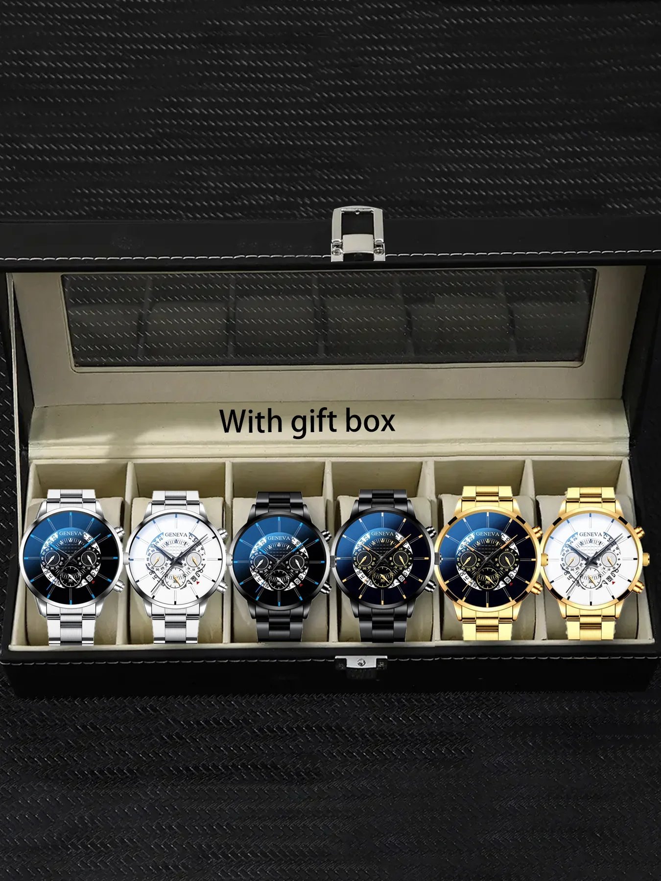 Three-eye fashion calendar men's watch with steel band, glass quartz movement