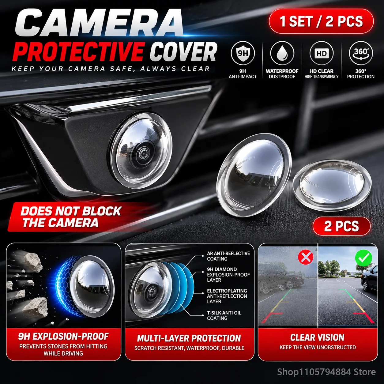 2PCS Car Camera Lens Protector, Waterproof Dustproof Scratch Guard, 9H Tempered - For Mercedes BMW Audi Volvo Porsche