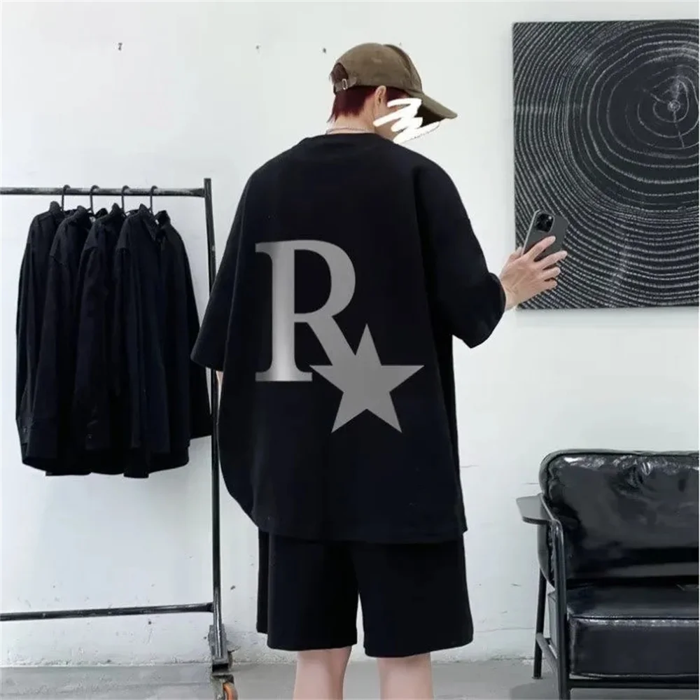 Oversized Japan Korean Fashion College Waffle Set Men Boys Summer Casual Loose Short Sleeve T-shirt Shorts Sports Two Piece Set