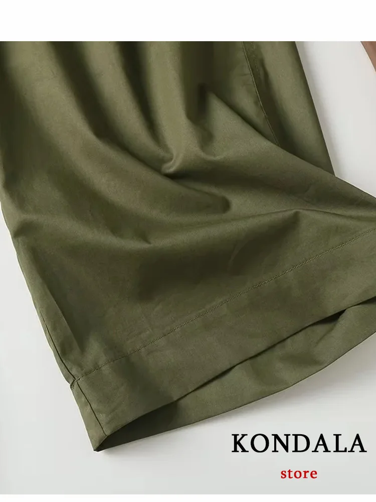 KONDALA Vintage Armygreen Women Pants Green Solid Pockets Zipper Straight Loose Long Pants New Fashion 2023 Summer Trousers