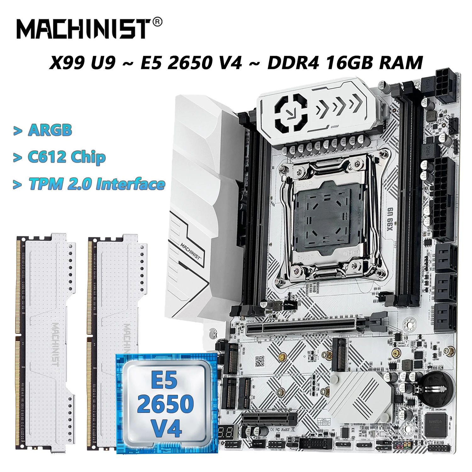 MACHINIST X99 U9 TPM2.0 Motherboard Combo, Optional Xeon E5 2650 V4 LGA2011-3 CPU DDR4 16GB RAM, ARGB NVME M.2 C612 Chip usb3.0