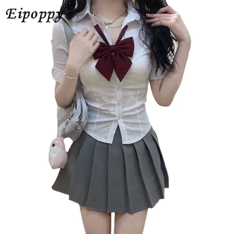 JK Uniform Strap Waist Shirt Bubble Sleeve Short Sleeve