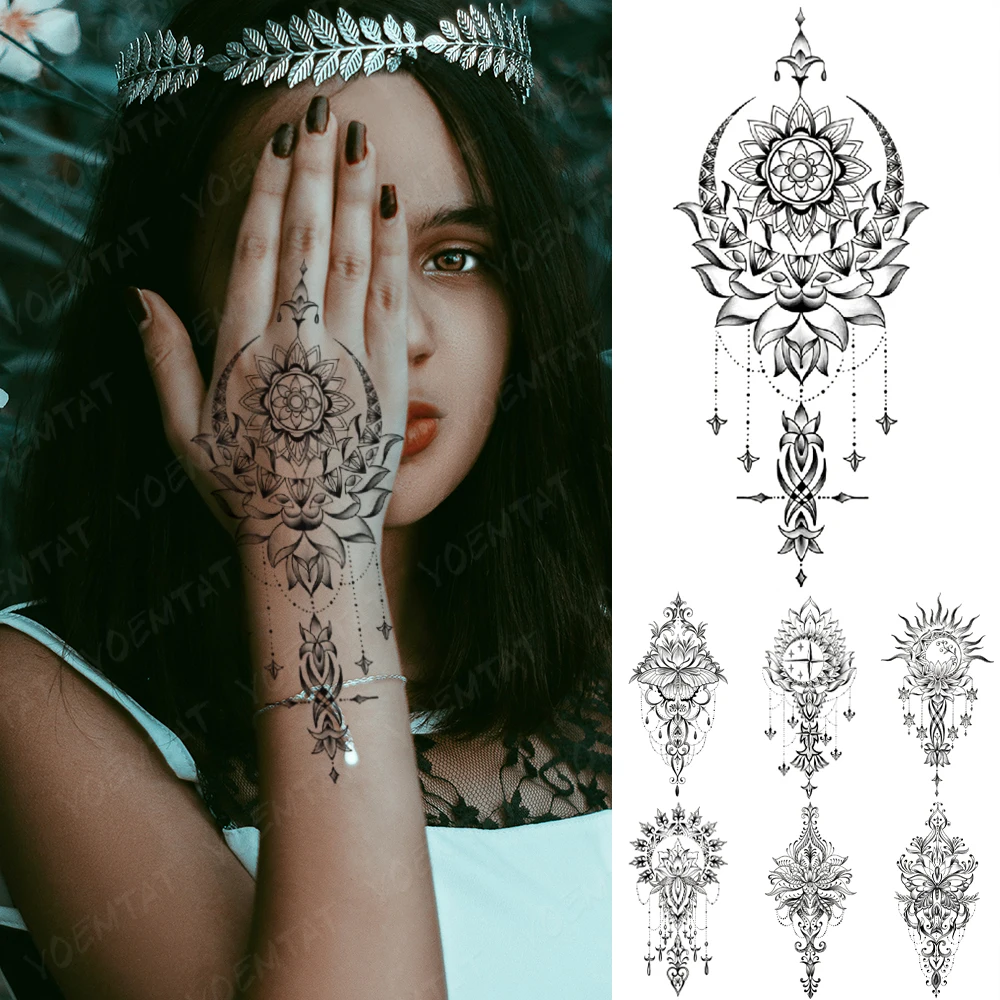 

Waterproof Temporary Tattoo Sticker Henna Mehndi Totem Flash Tatto Moon Star Sun Hand Fingers Body Art Arm Fake Tatoo Men Women