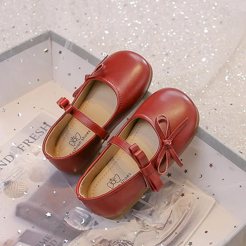 Child Sweet Cute Leather Shoe2026New Korean EditionGirl Flat TravelShoe Fashion Girl Anti Slip Campus Bow Versatile Leather Shoe