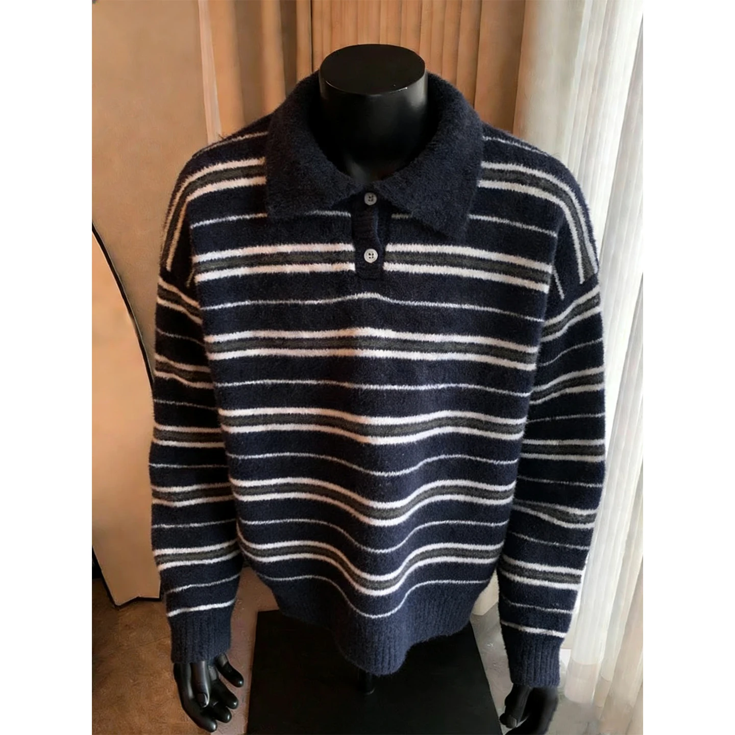 

High nce Sensation Ne Knitwear Men's Inner Wear Striped Warm Top Casual Loose Fit Spring Autumn Winter