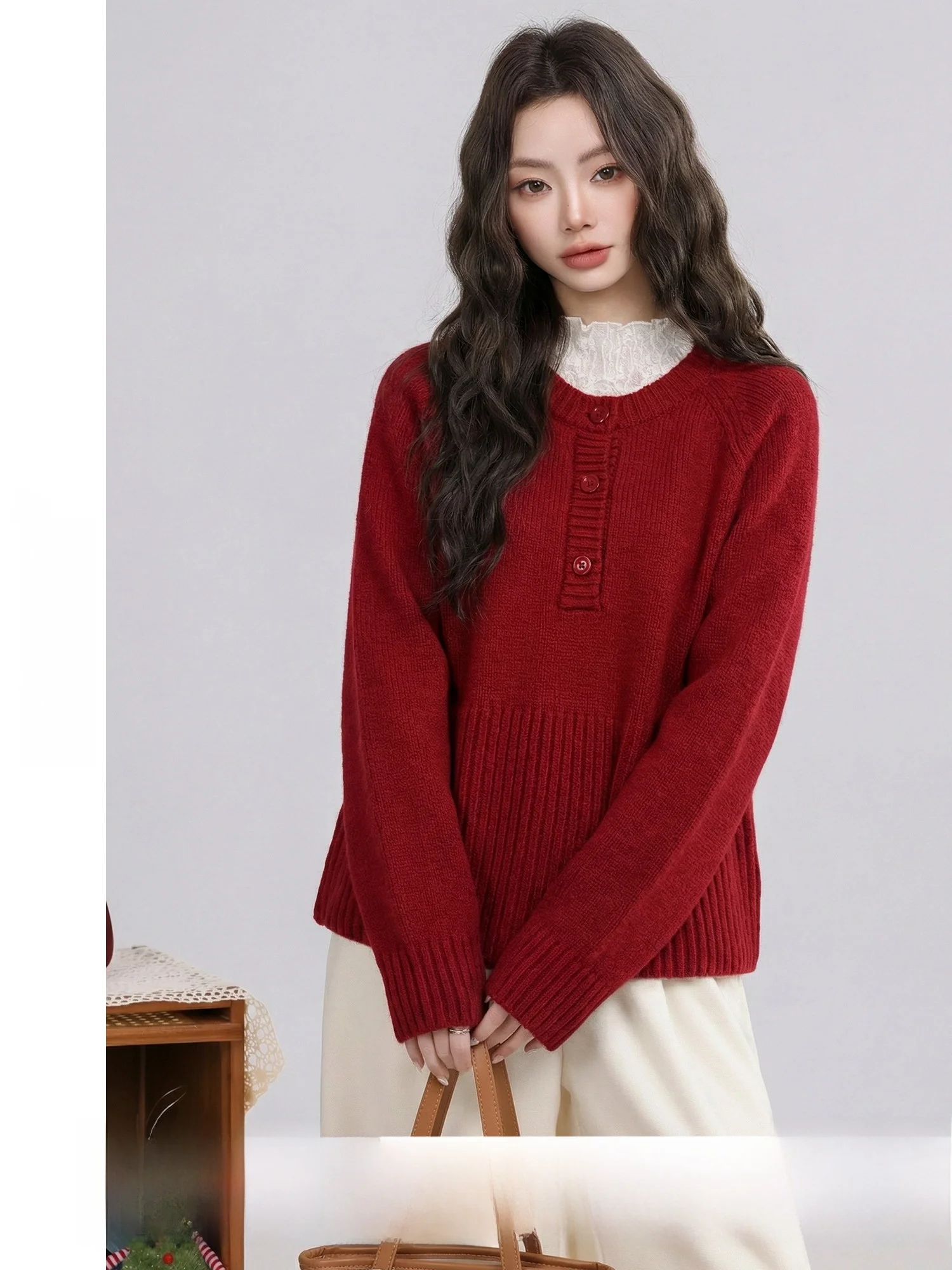 

Red round Neck Knitted Sweater Vintage New Year Women's Fashion Loose Fit Winter Long Sleeve Top by Youxiang Soft Polyester