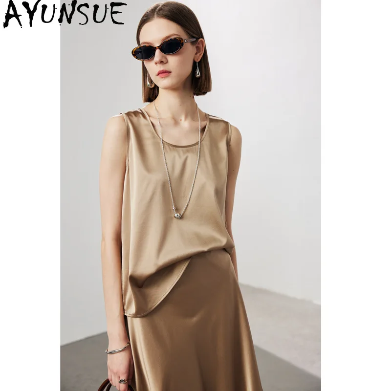 

Женский жилет AYUNSUE из 90% шелка тутового шелкопряда, топ без рукавов для женщин, базовый топ в минималистском стиле, весенне-летняя одежда для женщин