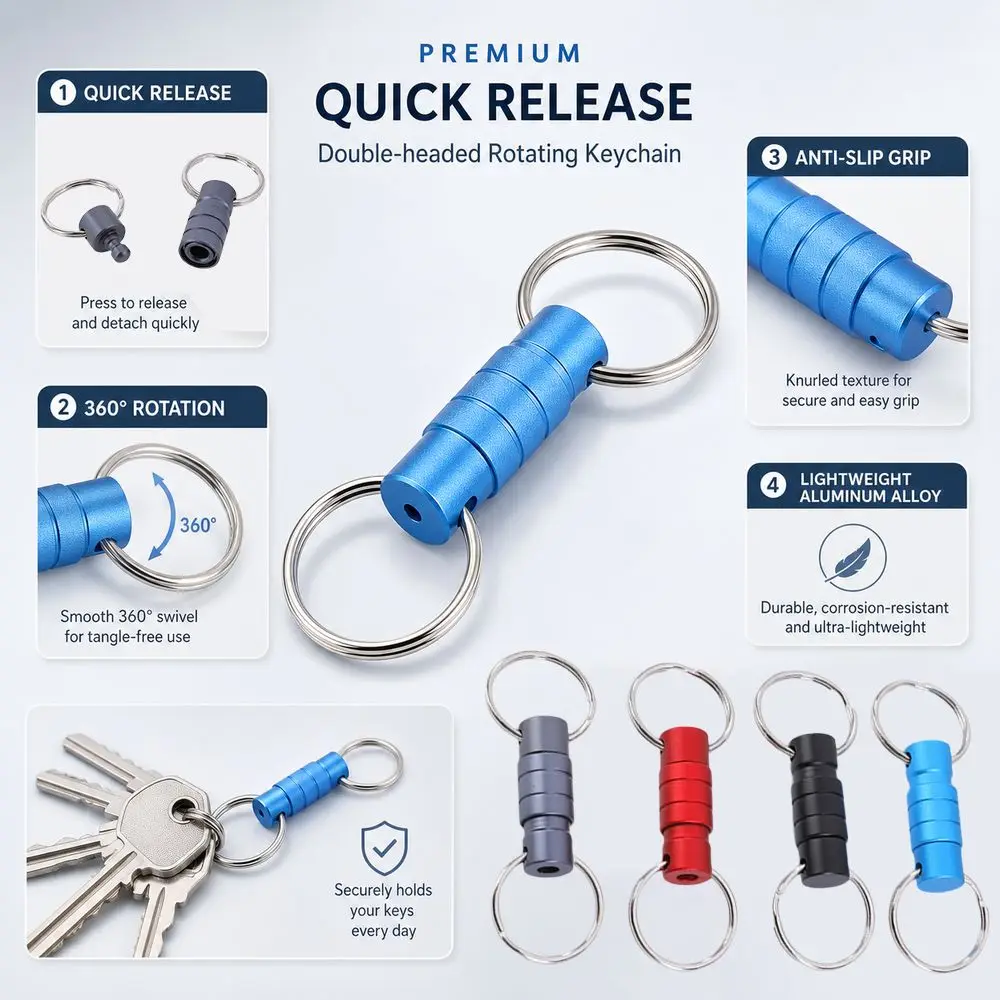 Double Headed Quick Release Keychain Aluminum Alloy Retractable Detachable Keychain Quick Pull Design 360° Rotation Keys Fob