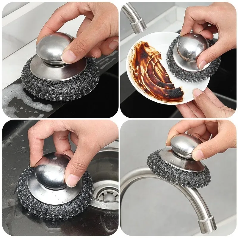 5/1 pçs cozinha escova de pote de aço inoxidável com alças bola de fio de lavar louça resistente metal purificador casa pote pan ferramenta de