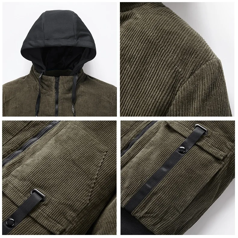 Corduroy Plus Velvet Thickened Hooded Warm Jacket Detachable Color Matching Hooded Coats Winter Menmulti-pocket Cargo Jacket