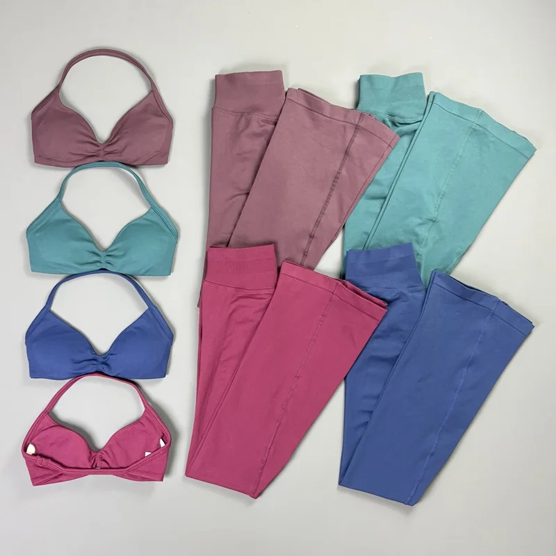 2 Piece Flare Leggings Set Women Solid Color Yoga Flared Pants and Seamless Gym Halter Neck Bra Quick Dry Fitness Workout Set
