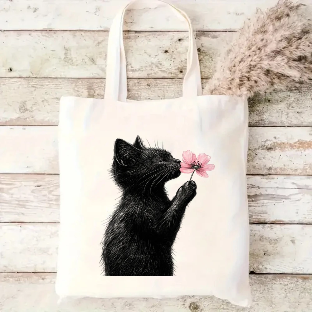 2026 New Style Canvas Tote Bag Black Cat Stretching with Red Heart Print Handbags for Daily Shopping Tote Bags for Women