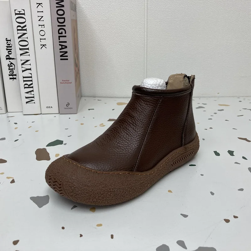 

Genuine Leather Women's Boots 2024 Autumn New Sle Zipper Slim Flat round Head Faion ort Boots Comfortable All Season Wear