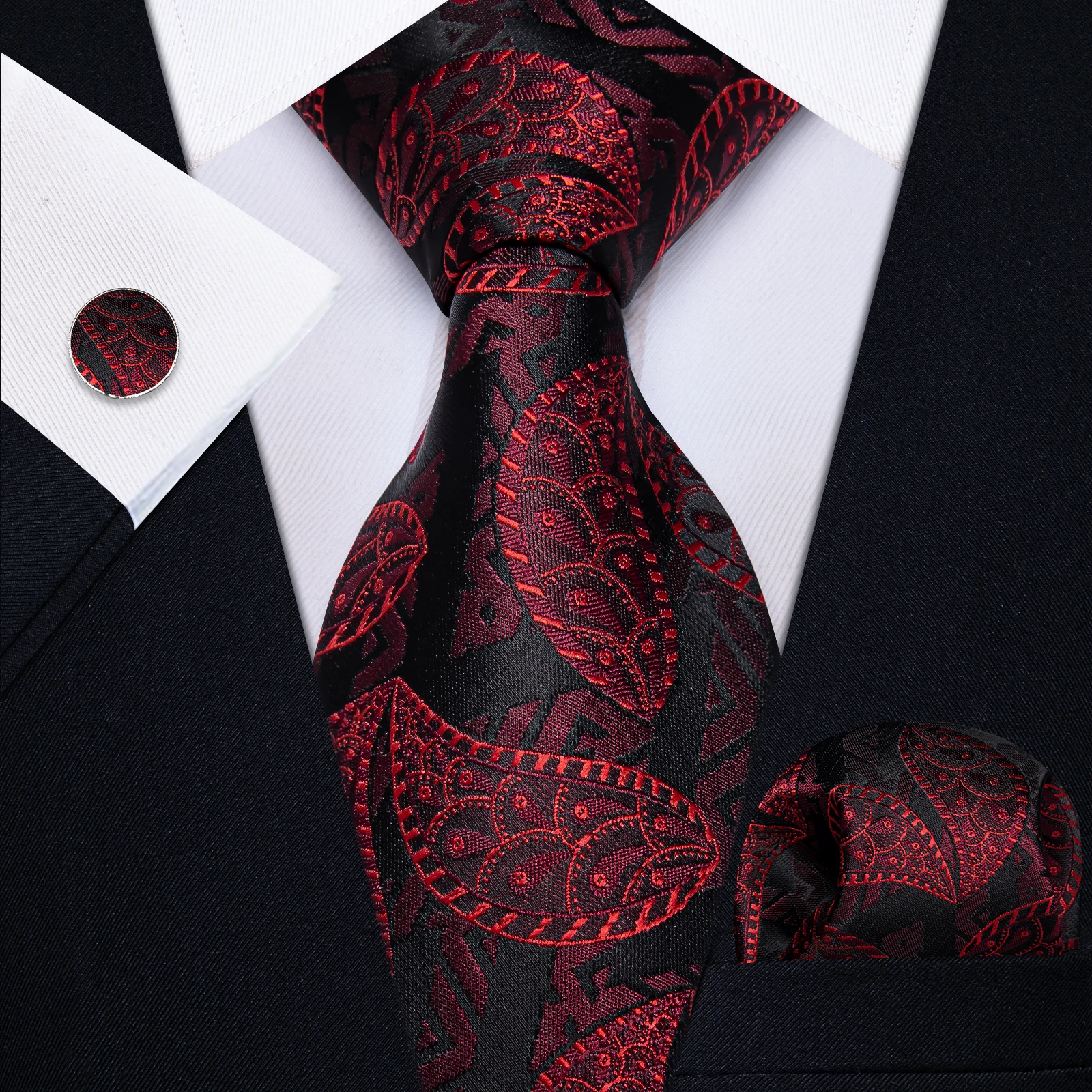 

Fashion Men's Silk Red Black Paisley Necktie with Handkerchief Cufflinks for Busienss Wedding Party Dinner Jacquard Tie for Man