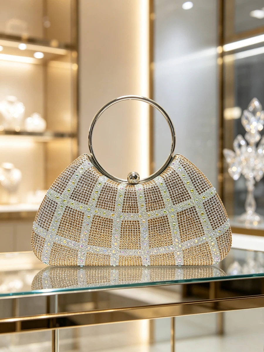 Gold Silver Grid Full Rhinestone Clutch Bag Silver Metal Round Ring Handle Evening Handbag Luxury Formal Party Purse For Mature