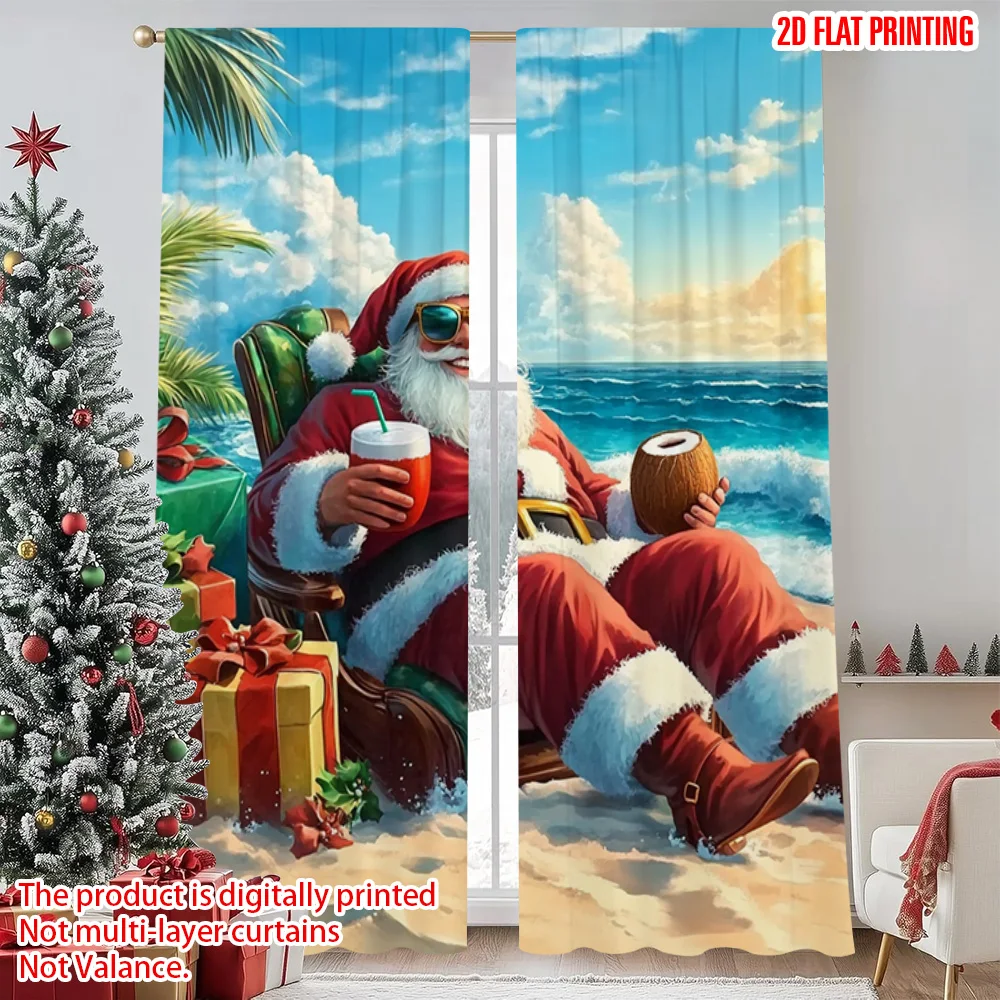 

2pcs 2D flat printing Christmas Curtains Santa Claus resting on a palm tree Machine Washable Fabric Without Electricity Festive