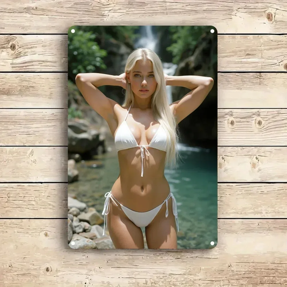 （2D Tin painting）HD Metal Tin Sign Stunning Blonde Woman in White Bikini by Waterfall Nature Scene Vintage Wall Art Plaque Re