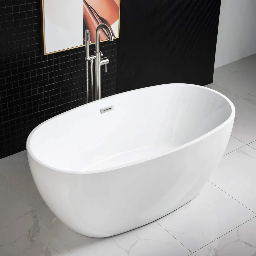 59"Freestanding White Acylic Soaking Bathtub with Brushed Nickel Drain and Overflow,BTA1518 -B/N-Drain &O