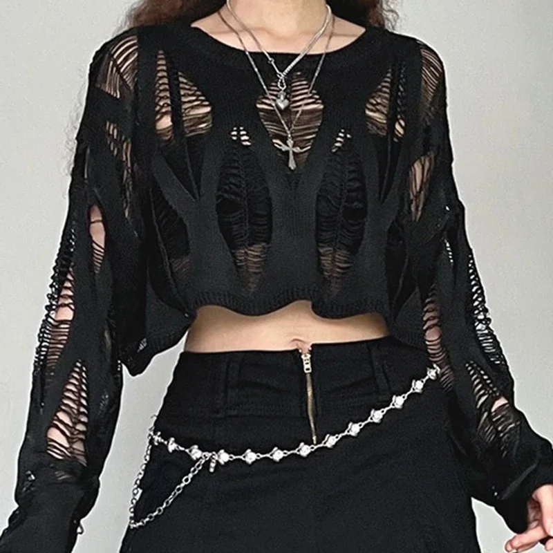 Women Hole Hollow Out Y2K T-shirts Batwing Sleeve Knitted Shirt for Women Punk Loose Streetwear Tops Spring Autumn 2026