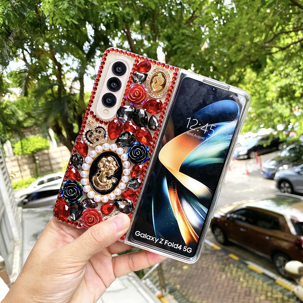 Laser 3D Red Black Rose Flowers Bling Rhinestone Hard PC Phone Cover For Samsung Galaxy Z Fold 6 5 4 3 2 Heart Portrait Case