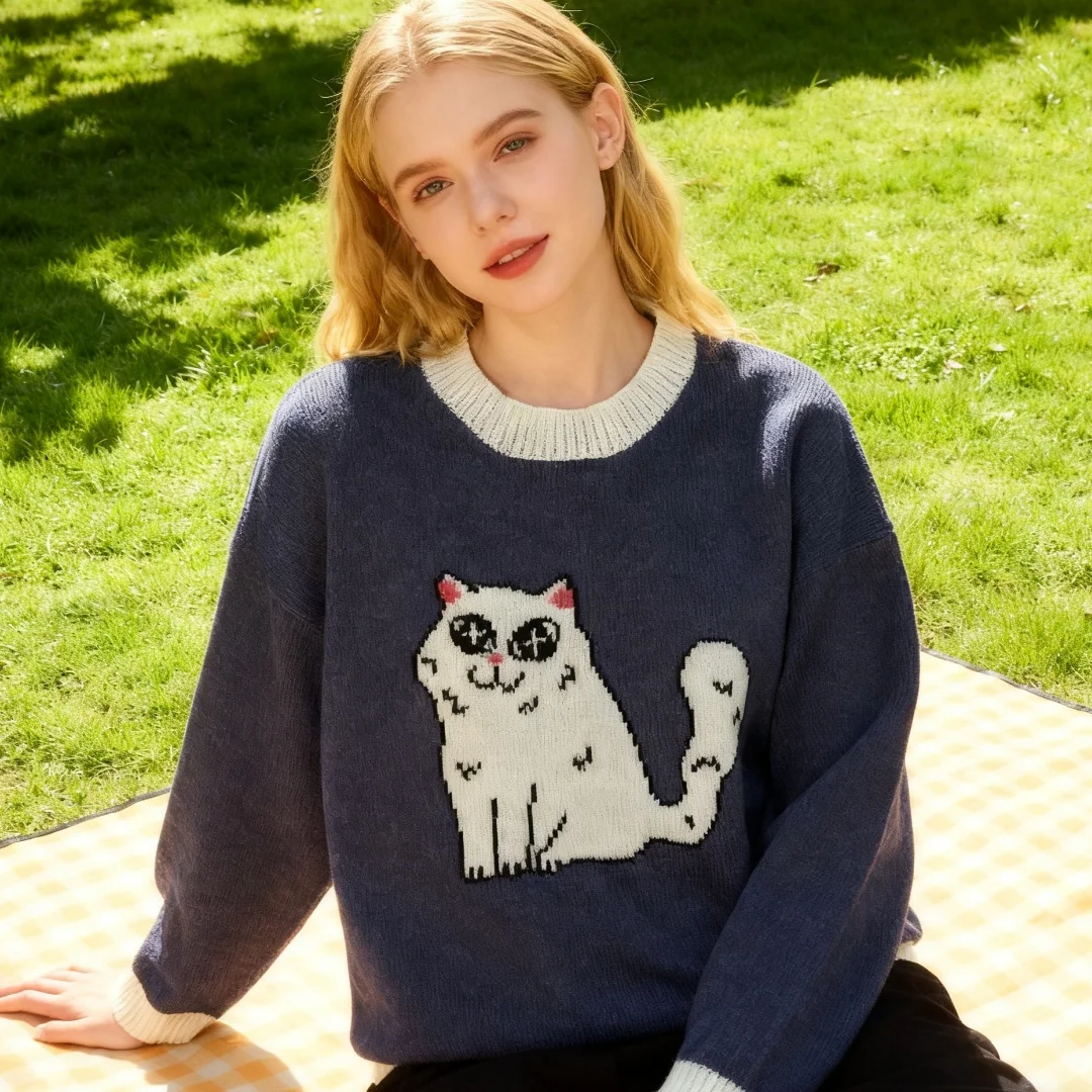 

Женский свитер Y2K в стиле ретро 2026, модный винтажный топ с длинными рукавами и круглым вырезом в полоску с кошачьим мотивом стиле