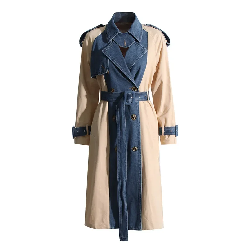 Trench coat feminino longo, corta-vento elegante, contraste de cor, roupa de negócios casual, escritório