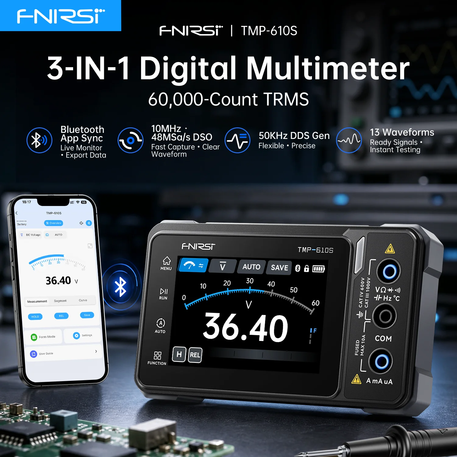 FNIRSI TMP-610S Upgrade 3 in 1 Oscilloscope Multimeter Signal Generator 60000 Counts Digital Tool Dual Channel Automotive Repair