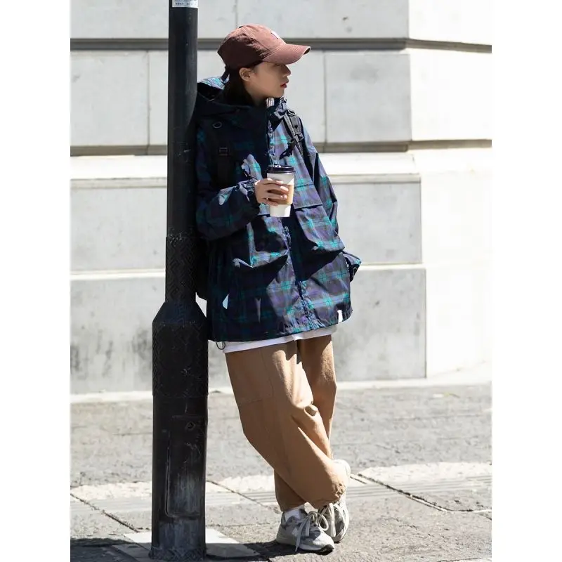 Women's Spring Autumn Trench Coat Tops Coats Hooded Plaid Jacket Simple Loose Casual Design Chic Advanced Soft Niche Versatile