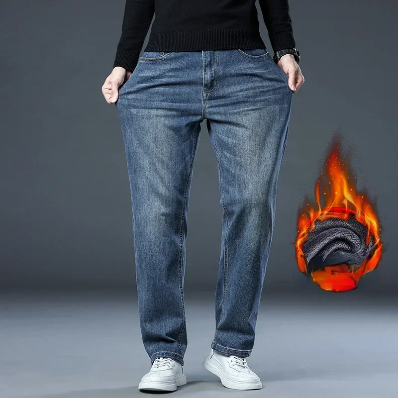 New Plus Fleece Stretch Casual Trend All Straight Leg Loose Jeans for Men Autumn and Winter Pants