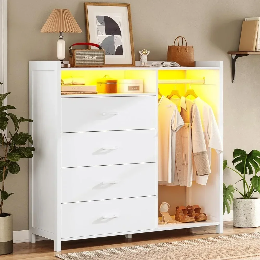 Children's Dressers, 3-in-1 Bedroom Cabinet with Clothing Rack, Dresser & Chests of Drawers, 4 Drawers Dresser with LED Lights